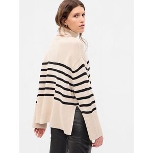 GAP 24/7 Cotton Striped Turtleneck Sweater Size L Cream Navy Oversized Split Hem